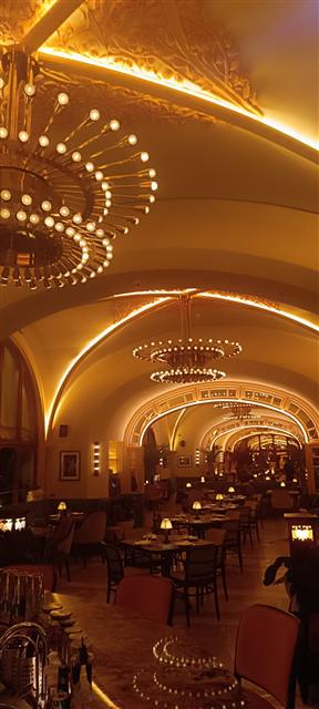 Restoran salonunda avize ve tavan aydınlatması